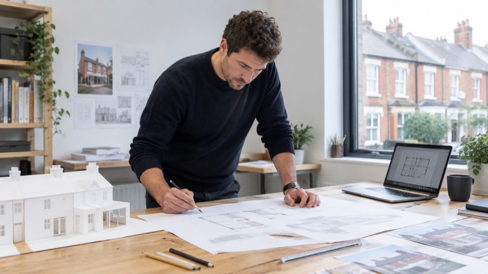 Architect reviewing drawings and a model of a house extension