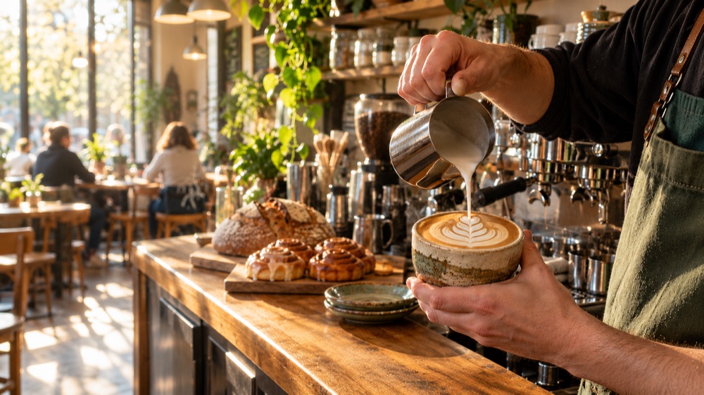 Barista pouring latte art beside fresh cinnamon buns
