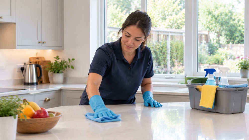 Professional cleaner wiping down a kitchen worktop