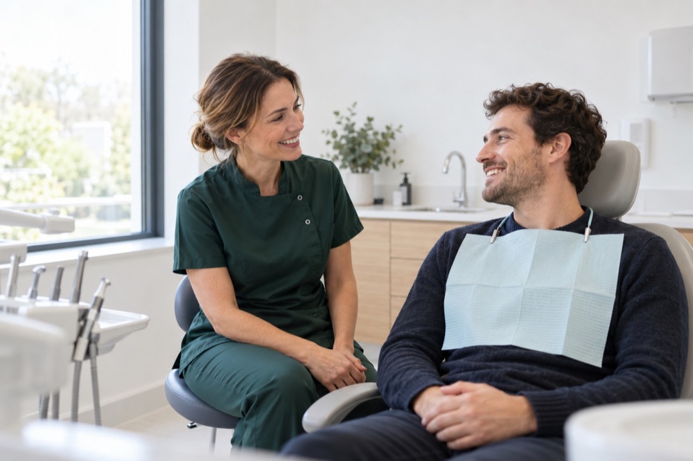 Dentist chatting with a relaxed patient in the treatment chair
