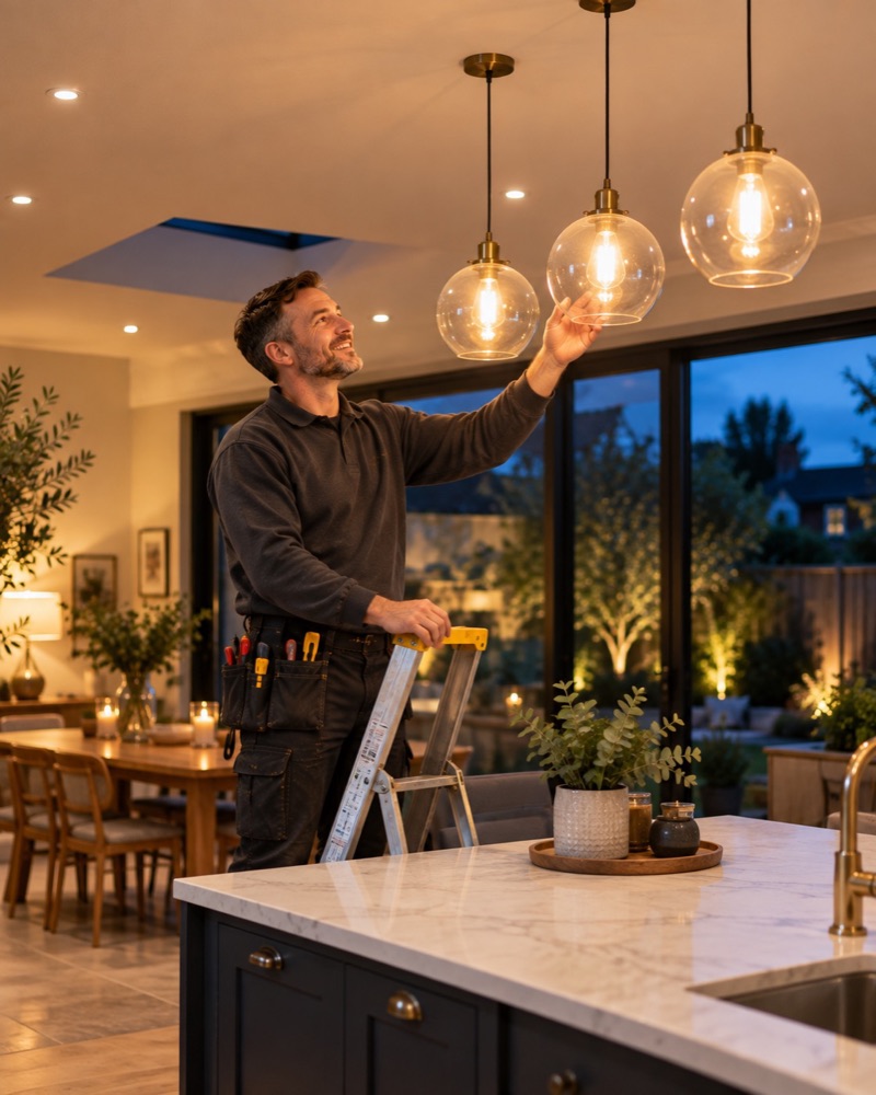 Electrician fitting pendant lights in a modern kitchen