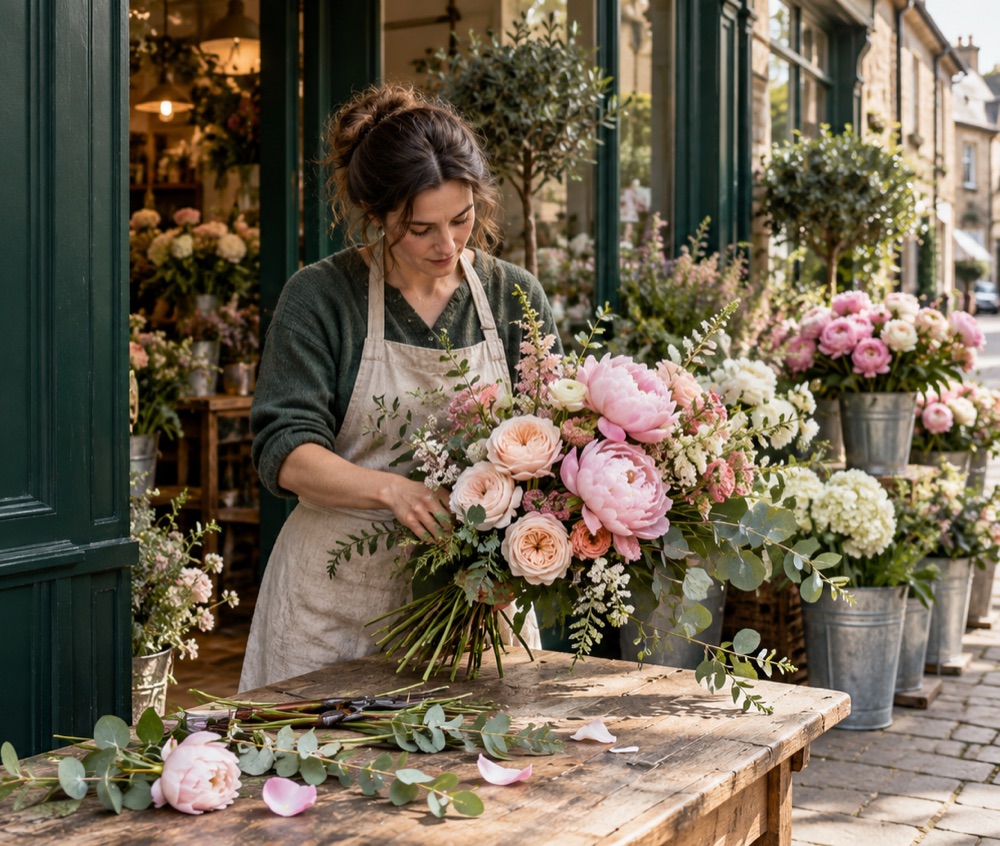 Florist arranging a bouquet of peonies outside the shop
