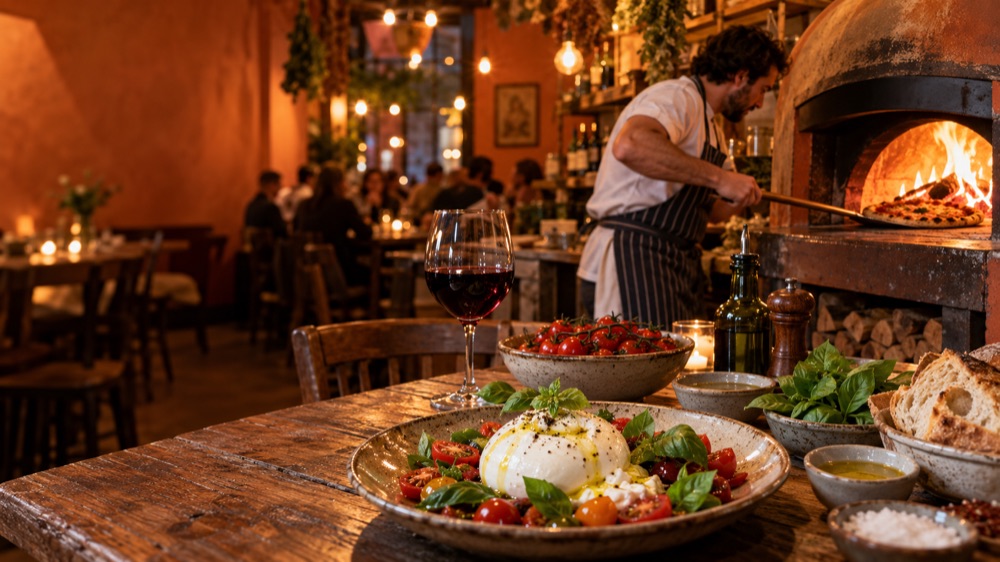 Chef at a wood-fired oven behind a table set with burrata and wine