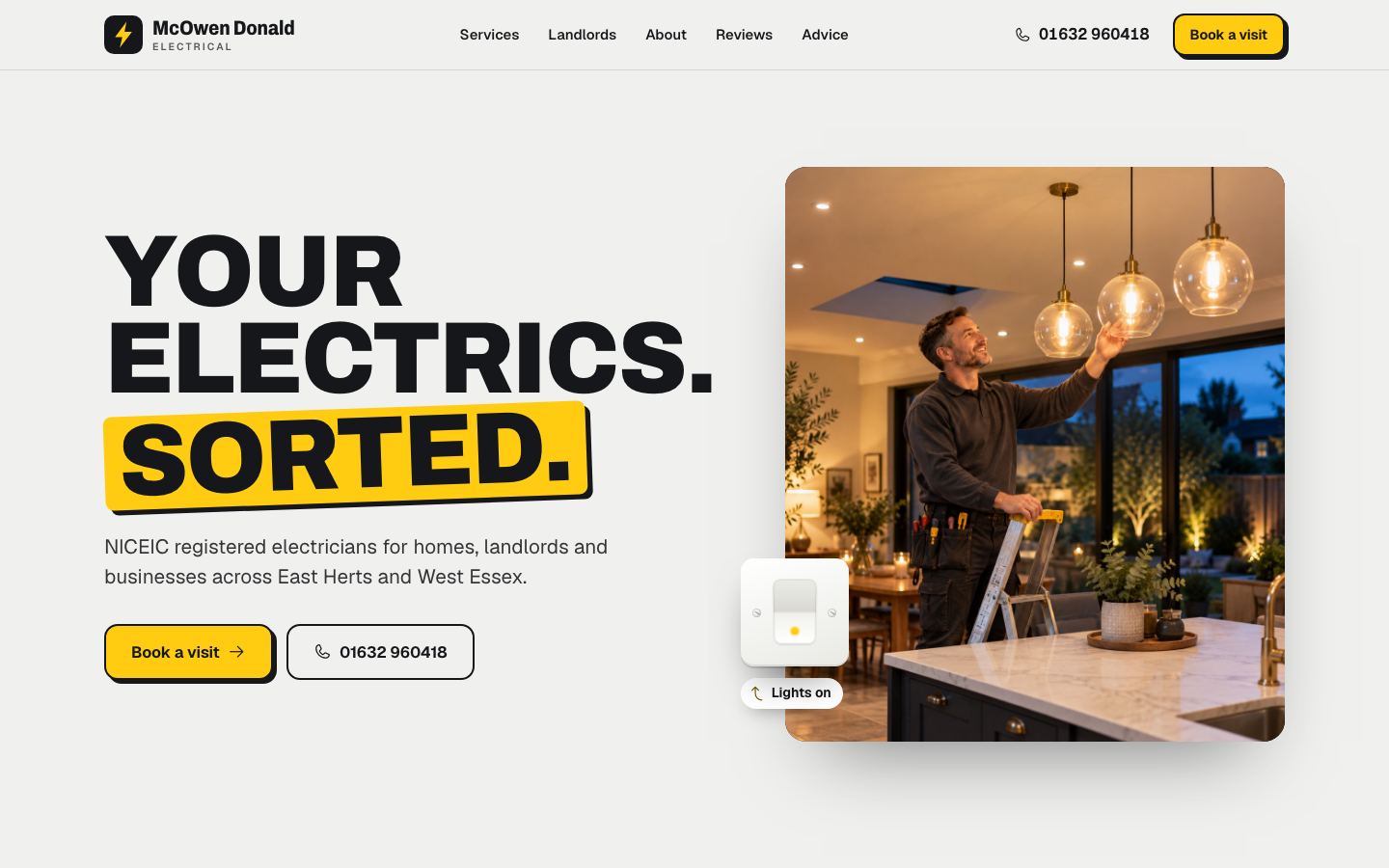 McOwen Donald Electrical: A light switch turns the hero on. Each step of a visit lights up like a circuit.