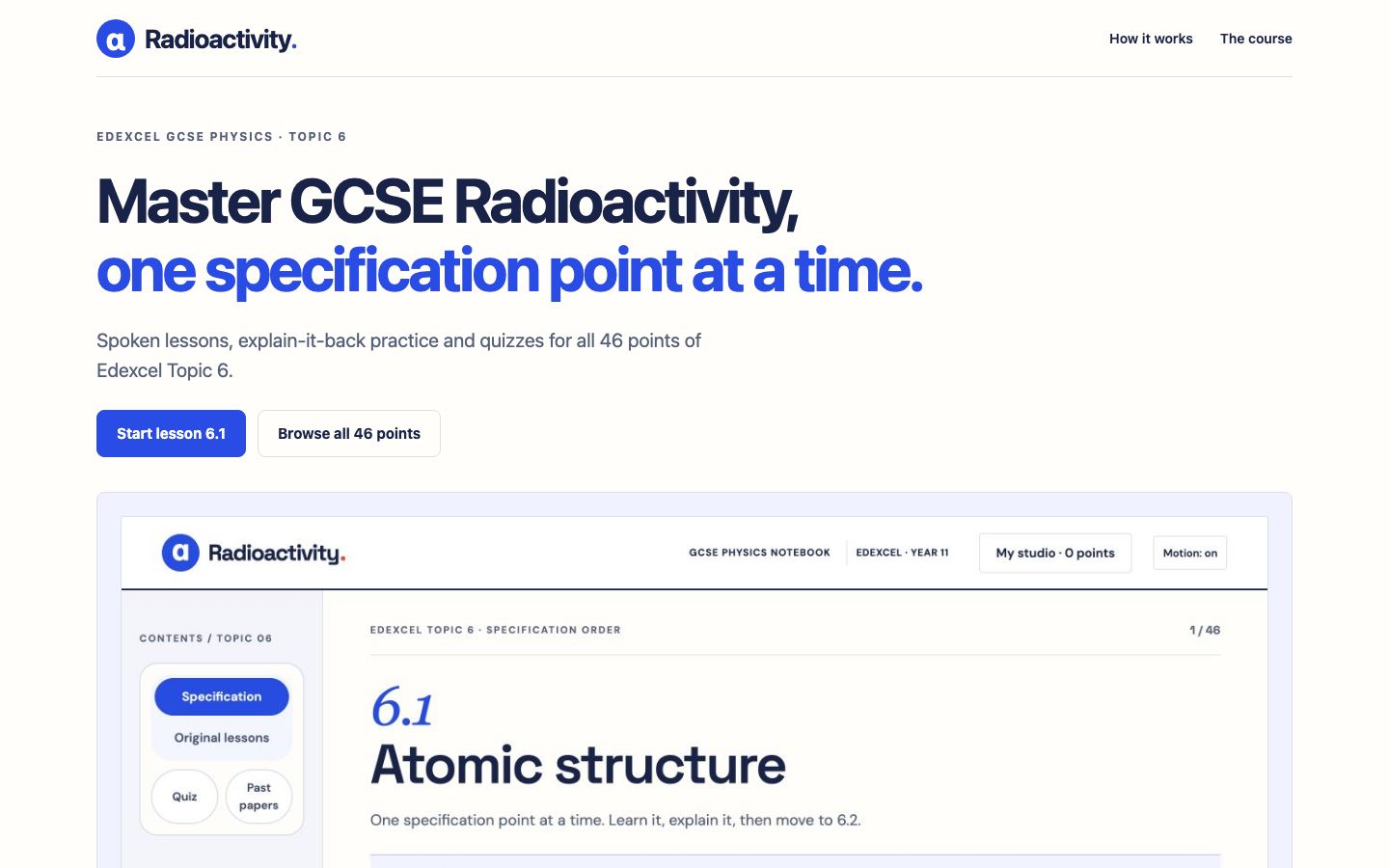 GCSE Radioactivity Lab: Spoken lessons for all 46 specification points, with quizzes.